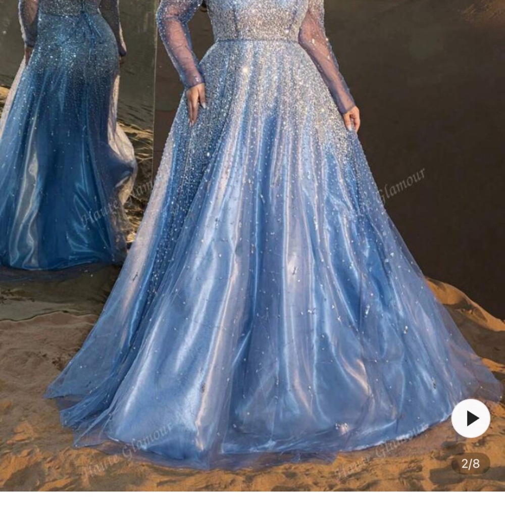 ❄️ winter wonderland dress Sparkling Blue Prom Dress with Sheer Sleeves